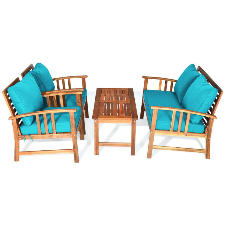 4-Piece Wooden Patio Sofa Chair Set with Cushion