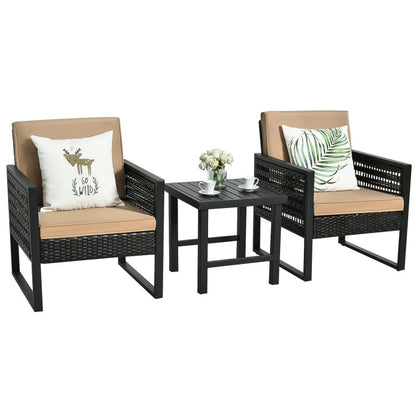 3-Piece Patio Rattan Bistro Cushioned Furniture Set