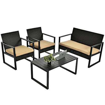 4-Piece Patio Rattan Furniture Set with Seat Cushions and Coffee Table