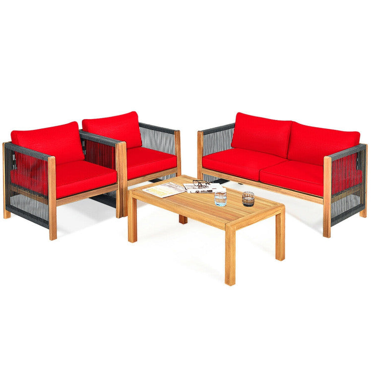 4-Piece Acacia Wood Sofa Set with Cushions for Outdoor Patio