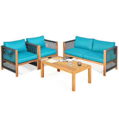 4-Piece Acacia Wood Sofa Set with Cushions for Outdoor Patio