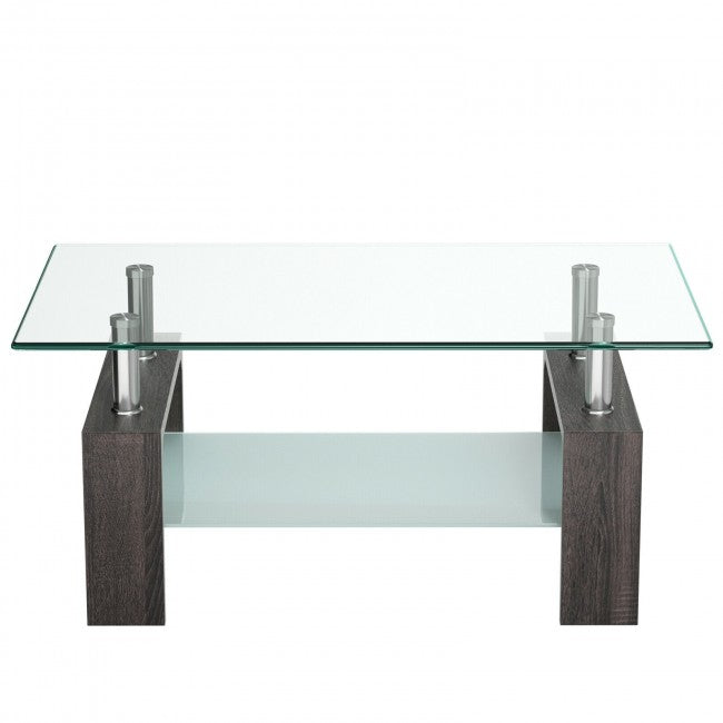 Rectangular Tempered Glass Coffee Table with Shelf