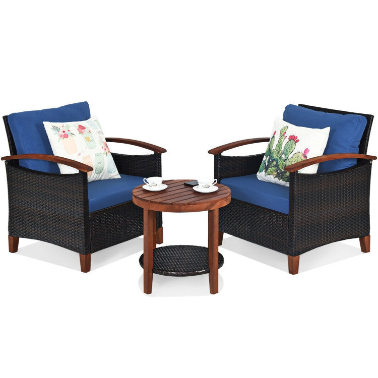 3-Piece Patio Rattan Furniture Set with Washable Cushion and Acacia Wood Tabletop