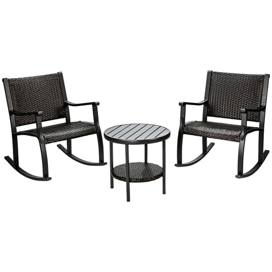 3-Piece Patio Rattan Furniture Set with Coffee Table and Rocking Chairs