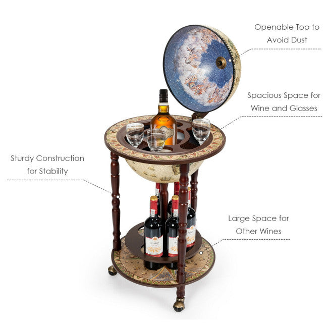 17 Inch Italian Style Design Wooden Globe Liquor Bottle Wine Rack with Wheels