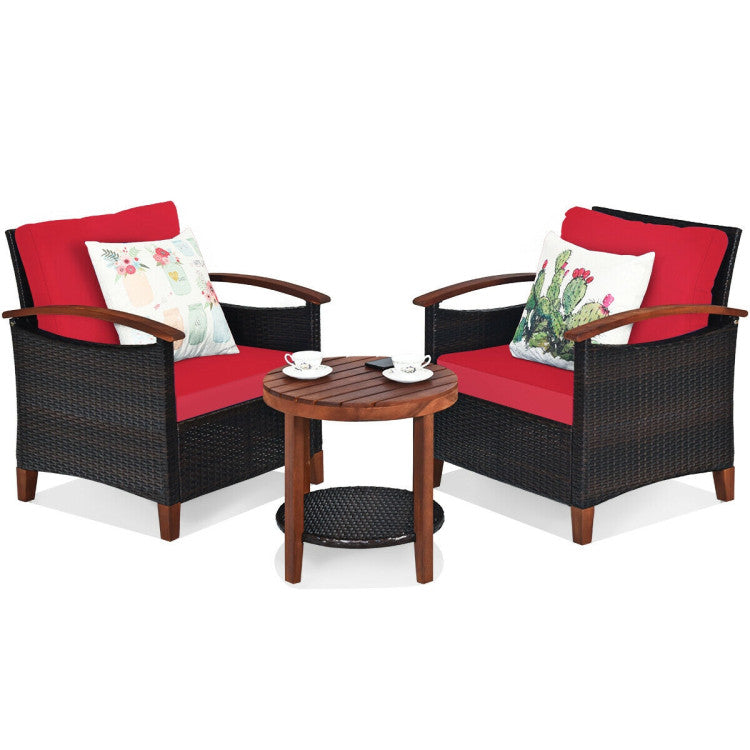 3-Piece Patio Rattan Furniture Set with Washable Cushion and Acacia Wood Tabletop