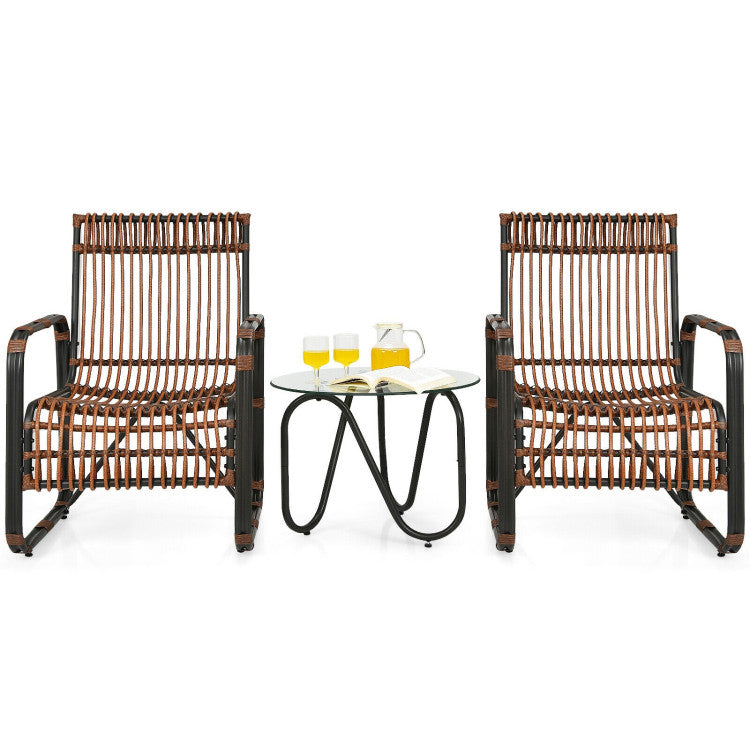 3 Pieces Patio Rattan Furniture Set with 2 Single Wicker Chairs and Glass Side Table