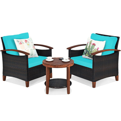 3-Piece Patio Rattan Furniture Set with Washable Cushion and Acacia Wood Tabletop