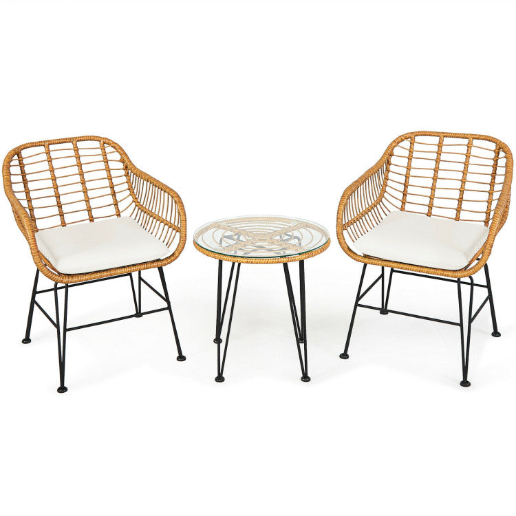 3-Piece Rattan Furniture Set with Cushioned Chair Table