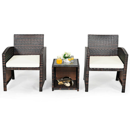 3-Piece PE Rattan Wicker Furniture Set with Cushion Sofa and Coffee Table