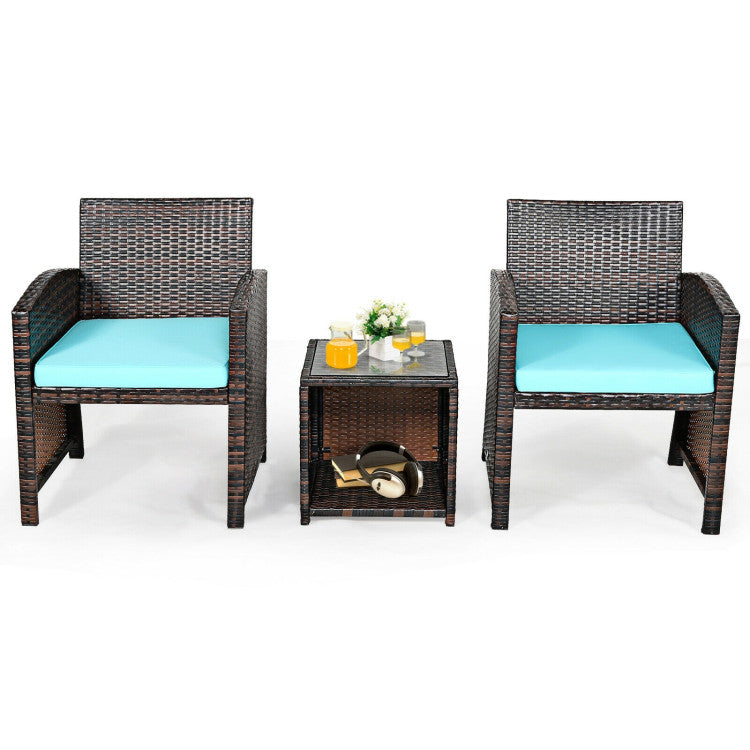 3-Piece PE Rattan Wicker Furniture Set with Cushion Sofa and Coffee Table