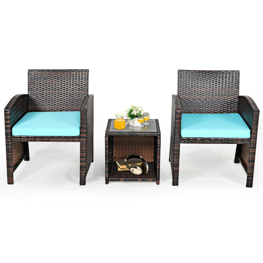 3-Piece PE Rattan Wicker Furniture Set with Cushion Sofa and Coffee Table