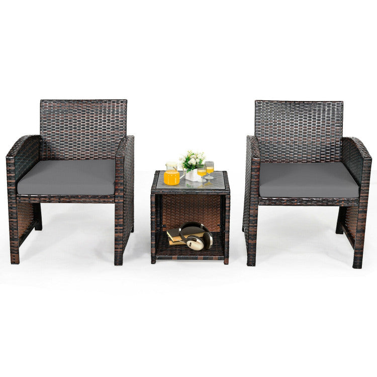 3-Piece PE Rattan Wicker Furniture Set with Cushion Sofa and Coffee Table