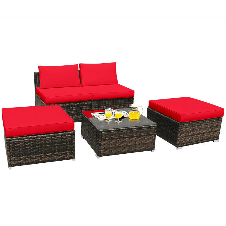 5 Pieces Patio Rattan Furniture Set with Cushioned Armless Sofa