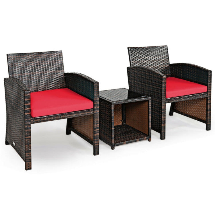 3-Piece PE Rattan Wicker Furniture Set with Cushion Sofa and Coffee Table