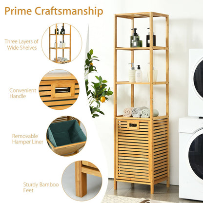 Costway Bamboo Tower Hamper Organizer with 3-Tier Storage Shelves