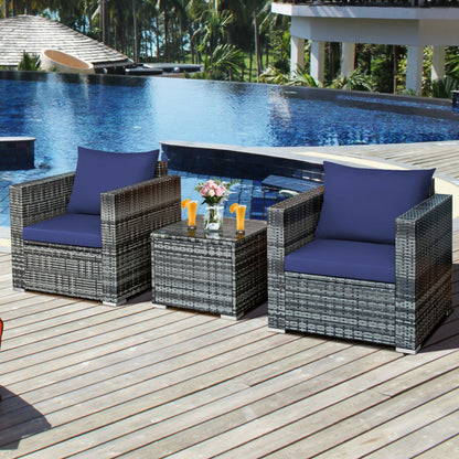 3-Piece Patio Rattan Furniture Bistro Sofa Set with Cushioned