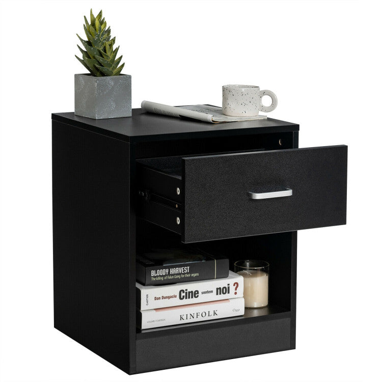 2-Tier Modern Wooden Nightstand with Storage Drawer and Open Cabinet