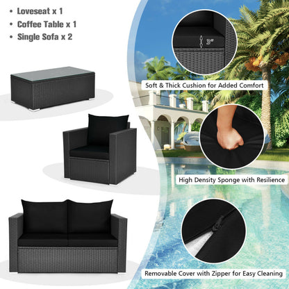 4-Piece Patio Rattan Conversation Set with Padded Cushion and Tempered Glass Coffee Table