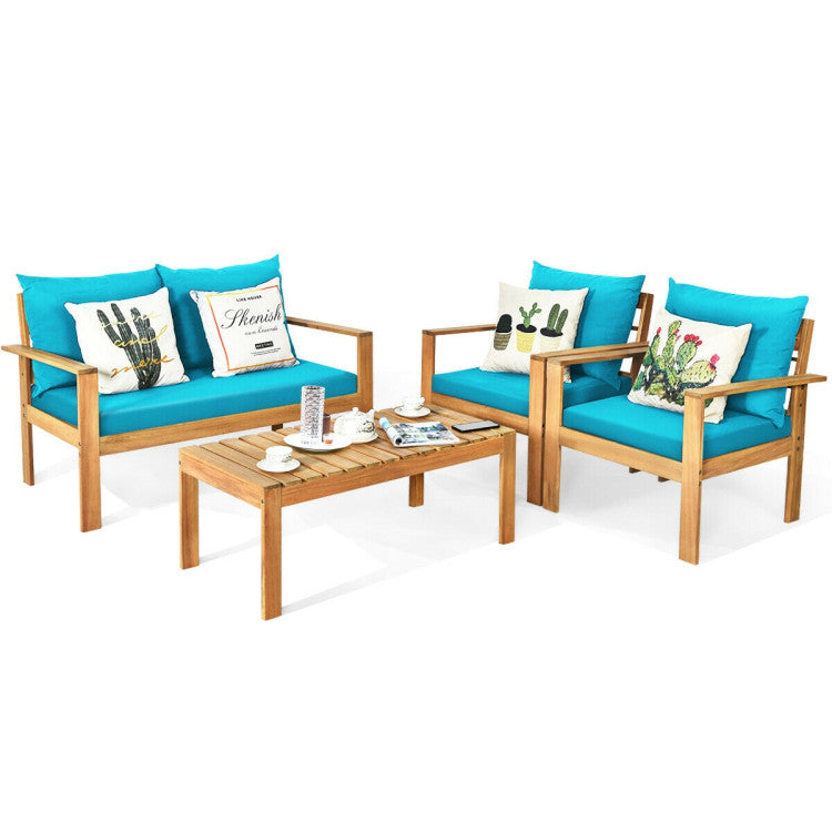 Outdoor 4-Piece Acacia Wood Chat Set with Water Resistant Cushions