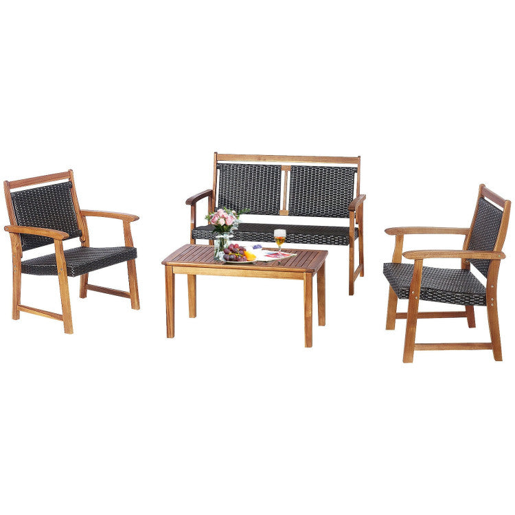 4-Piece Outdoor Patio Rattan Furniture Sofa Set with Acacia Wood Frame