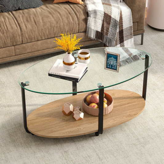 2-Tier Glass-Top Modern Coffee Table with Storage Shelf