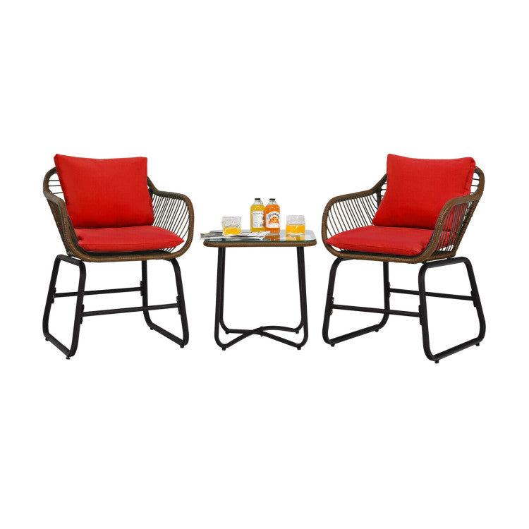 3-Piece Patio Rattan Bistro Set Cushioned Chair Glass Table Deck