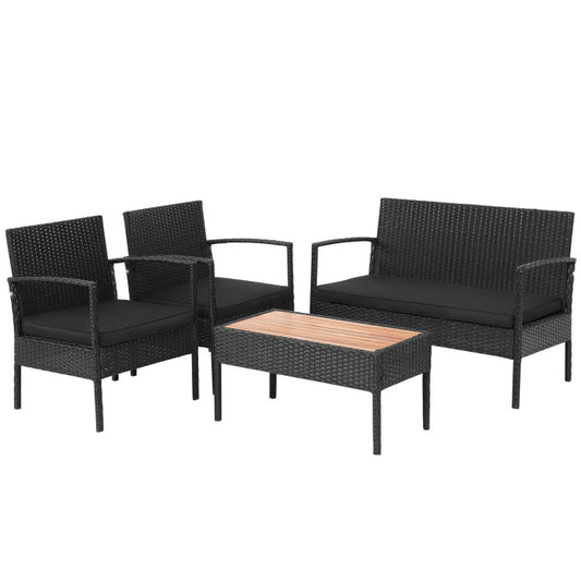 4-Piece Patio Rattan Furniture Set with Cushioned Chair and Wooden Tabletop