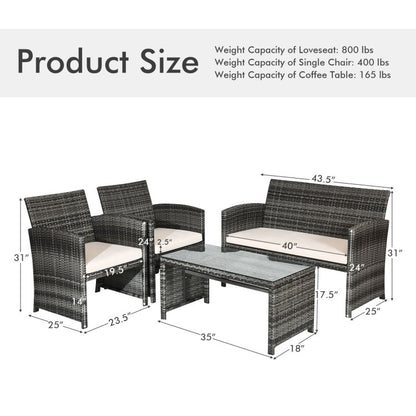 4 Pieces Patio Rattan Furniture Set with Glass Table and Loveseat