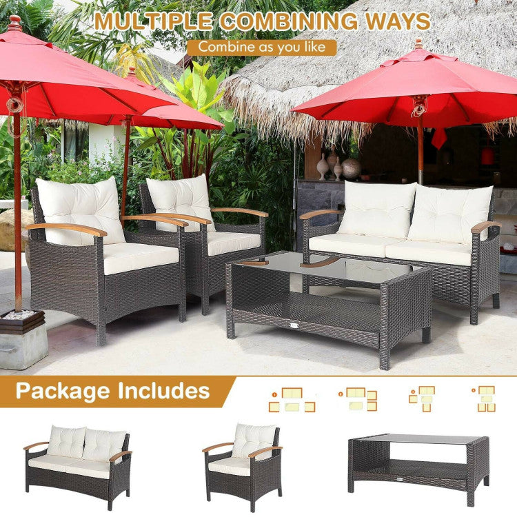 4-Piece Patio Rattan Furniture Set with Cushioned Sofa and Storage Table