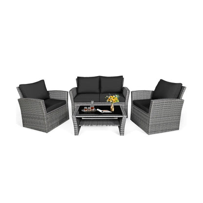 4-Piece Patio Rattan Furniture Set Sofa Table with Storage Shelf Cushion