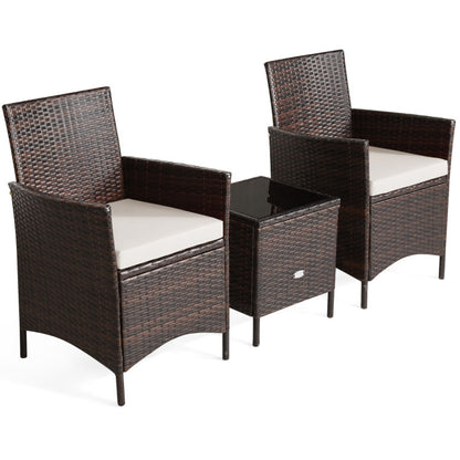 3-Piece Patio Rattan Furniture Set Cushioned Sofa and Glass Tabletop