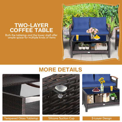 4-Piece Patio Rattan Furniture Set with Cushioned Sofa and Storage Table