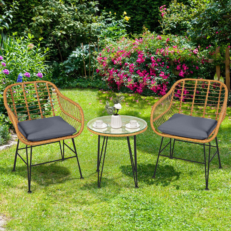 3-Piece Rattan Furniture Set with Cushioned Chair Table