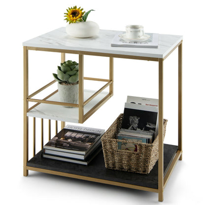 3-Tier Multi-function Marble End Table with Storage Shelf