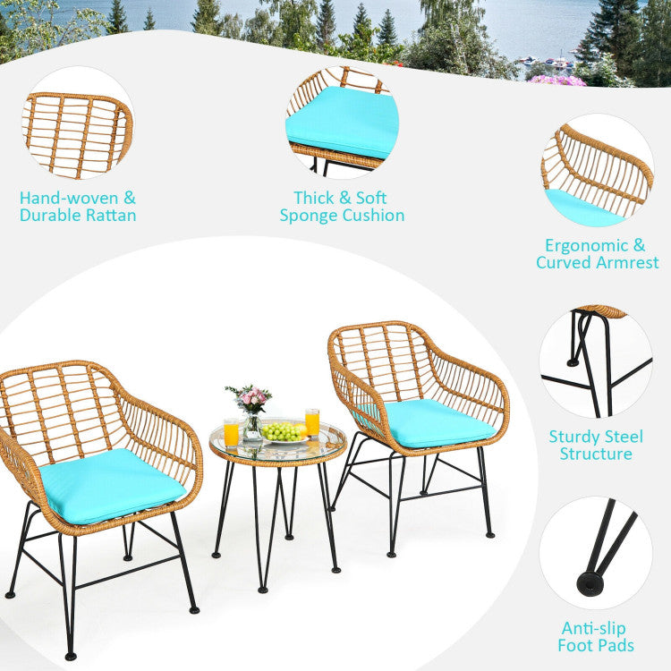 3-Piece Rattan Furniture Set with Cushioned Chair Table