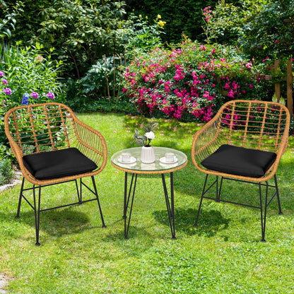 3-Piece Rattan Furniture Set with Cushioned Chair Table