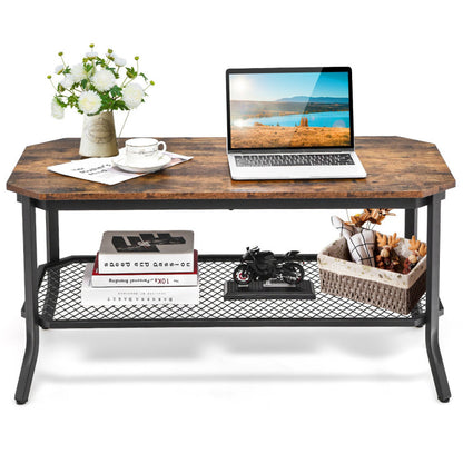 2-Tier Industrial Coffee Table with Open Mesh Storage Shelf for Living Room