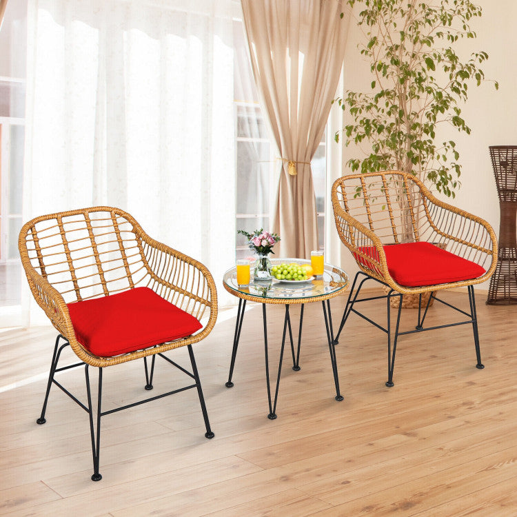 3-Piece Rattan Furniture Set with Cushioned Chair Table