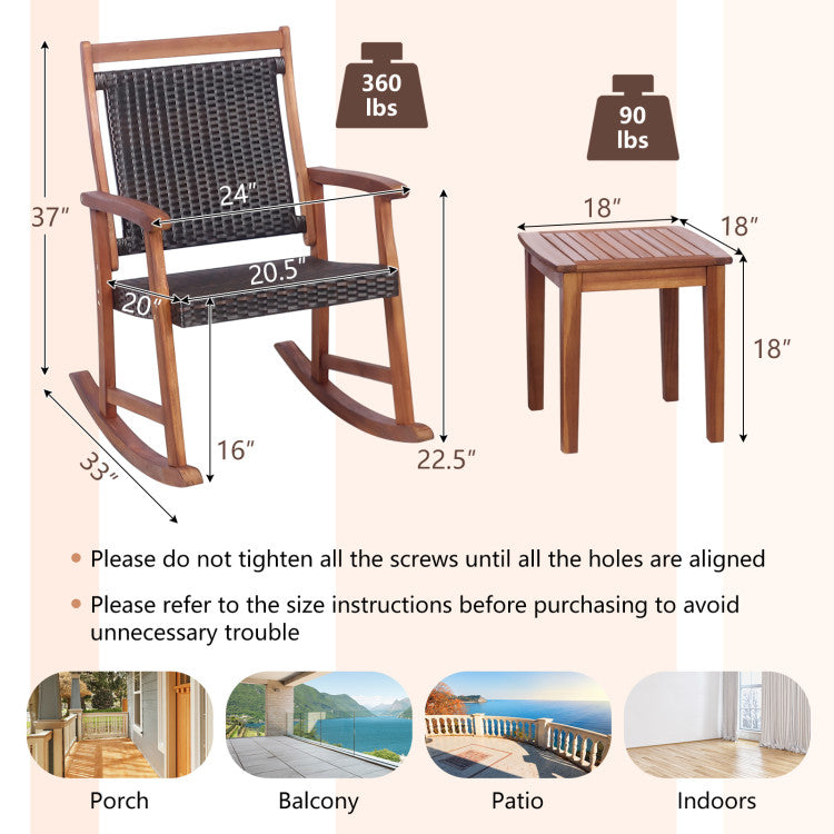 3-Piece Acacia Wood Patio Rocking Chair Set