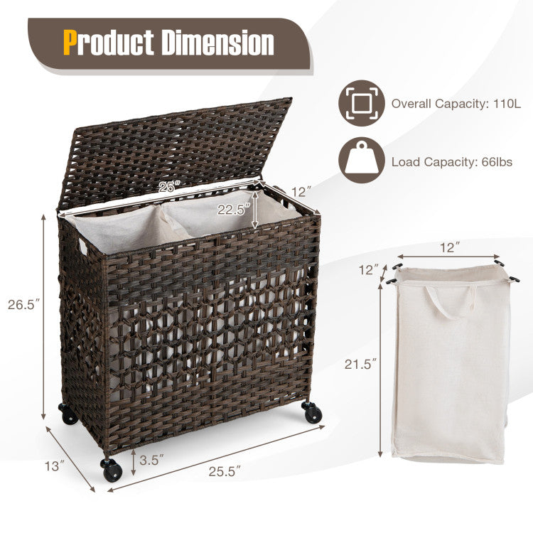 110L 2-Section Laundry Hamper with 2 Removable and Washable Liner Bags
