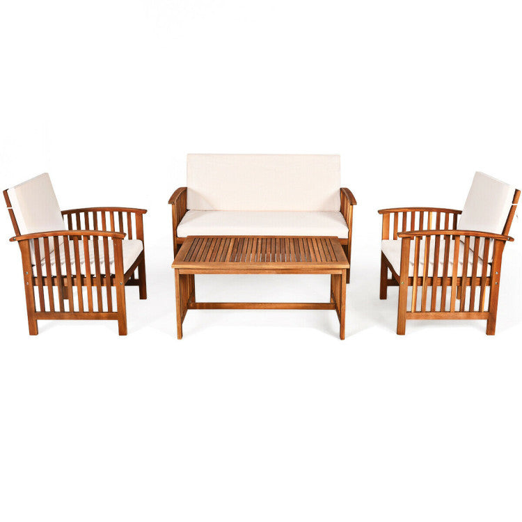 4-Piece Patio Solid Wood Furniture Set with Water Resistant Cushions