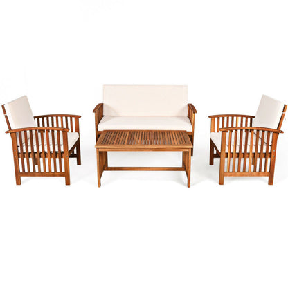 4-Piece Patio Solid Wood Furniture Set with Water Resistant Cushions