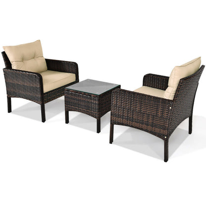 3-Piece Outdoor Patio Rattan Conversation Set with Seat Cushions