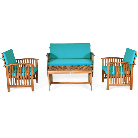 4-Piece Patio Solid Wood Furniture Set with Water Resistant Cushions