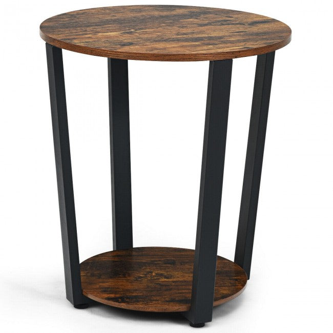 2-tier Round End Table with Storage Shelf & Metal Frame