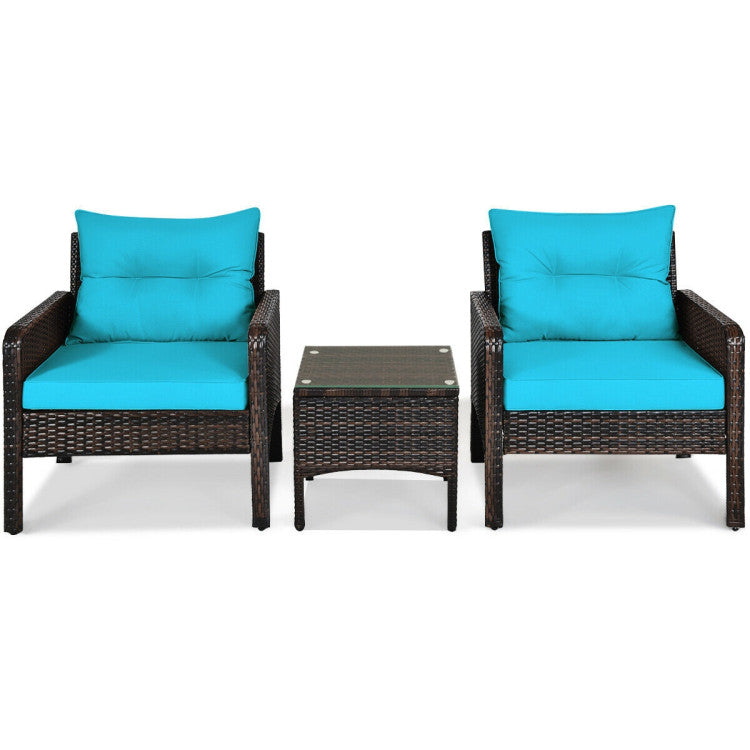 3-Piece Outdoor Patio Rattan Conversation Set with Seat Cushions