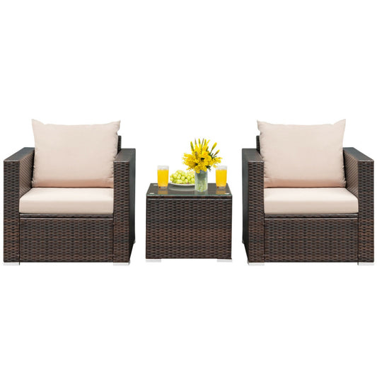 3-Piece Patio Conversation Rattan Furniture Set with Cushion