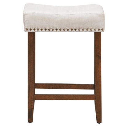 24 Inch 2 Pieces Nailhead Saddle Bar Stools with Fabric Seat and Wood Legs