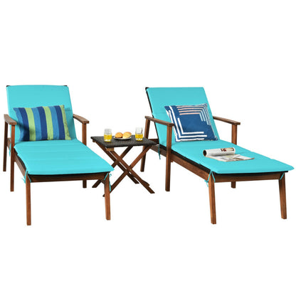 3-Piece Portable Patio Cushioned Rattan Lounge Chair Set with Folding Table